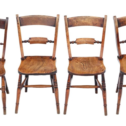 Matched Set Of 4 Antique Quality 19Th Century Elm Kitchen Dining Chairs