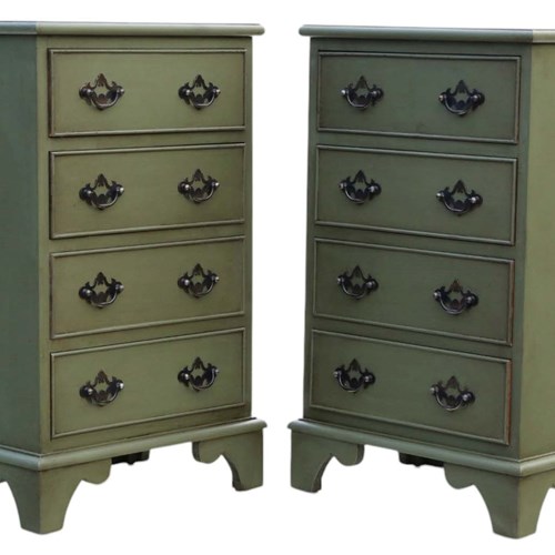 Quality Pair Of Vintage Upcycled Olive Painted Bedside Tables / Chests