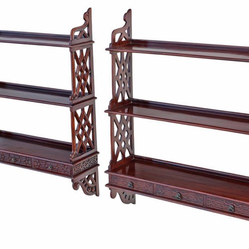 Quality Pair Of Georgian Revival Mahogany Waterfall Bookcases Wall Shelves