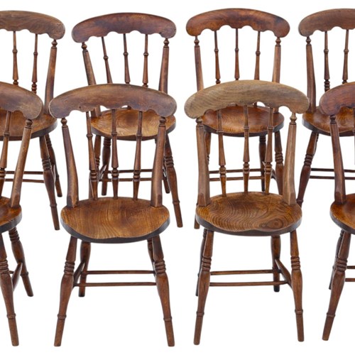 Antique Set Of 8 Victorian Elm Beech Kitchen Dining Chairs 19Th Century, Quality