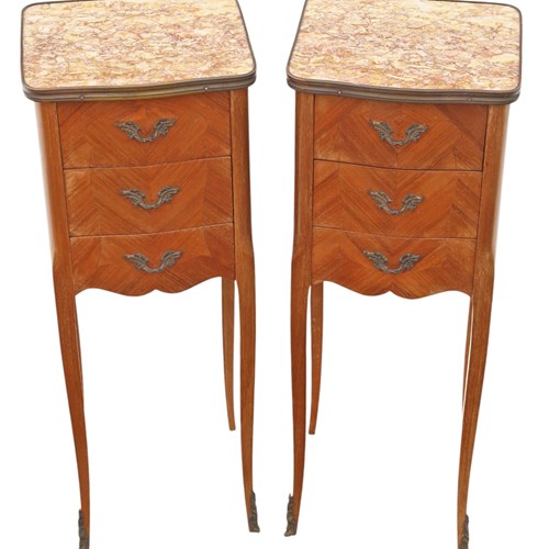 Antique Pair Of Small Marquetry Bedside Tables Marble Tops Quality Nightstands