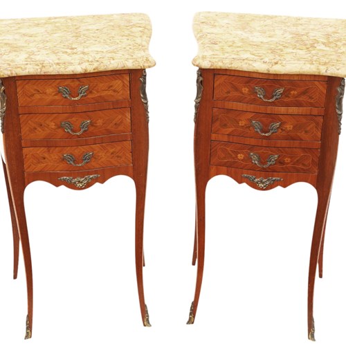Antique Pair Marquetry Bedside Tables With Marble Tops – Quality Nightstands