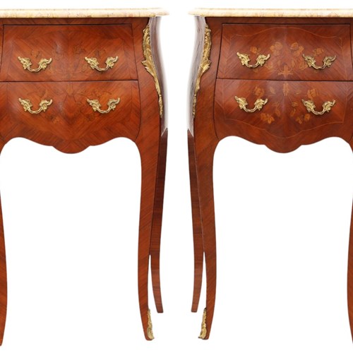 Antique Pair Of Marquetry Bedside Tables With Marble Tops – Early 20Th Century Q