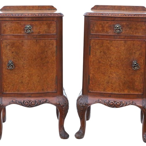 Antique C.1920 Pair Of Burr Walnut Bedside Tables – Fine Quality Nightstands