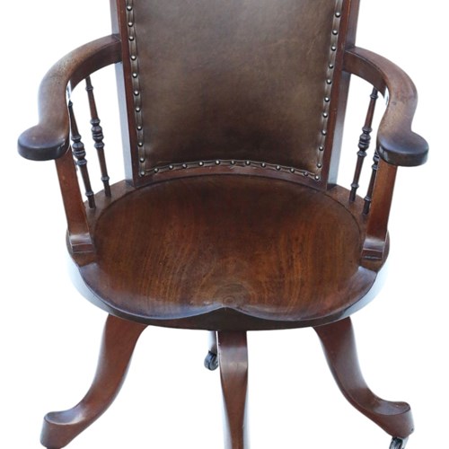 Antique C.1900 Mahogany And Leather Swivel Captain’S Chair – Quality Desk Chair