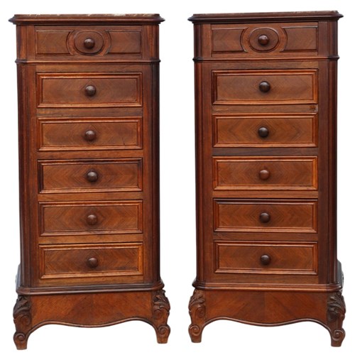 Antique C.1910 Pair Of Tall Parquetry Veneer Bedside Tables – Fine Quality Night