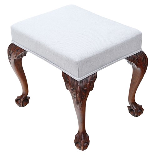 Antique C.1900 Mahogany Upholstered Stool – Fine Quality, With Ball & Claw Feet