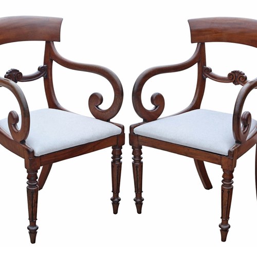 Antique 19Th Century Pair Of Mahogany Scroll-Arm Carver Dining Chairs