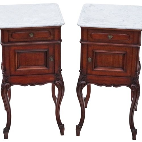 Antique C.1920 Pair Of Marble & Mahogany Bedside Tables – Quality Nightstands