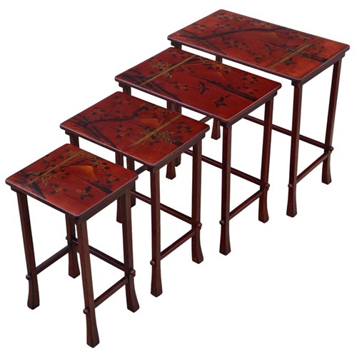 Antique C.1900 Japanese Red Lacquer Nest Of 4 Side / Occasional Tables – Quality