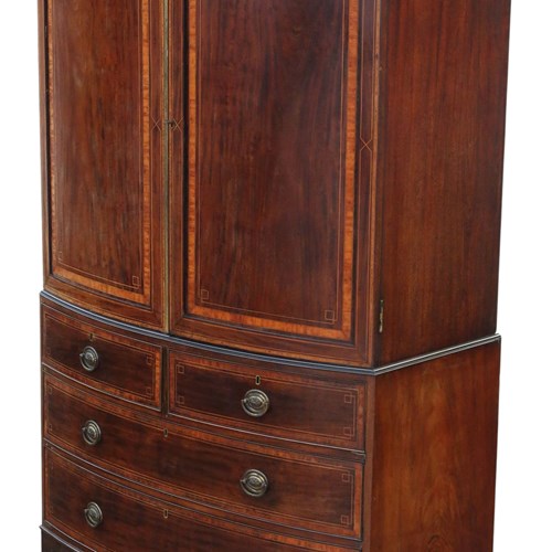 Antique Fine Quality Bow-Front Inlaid Mahogany Linen Press Cupboard / Wardrobe