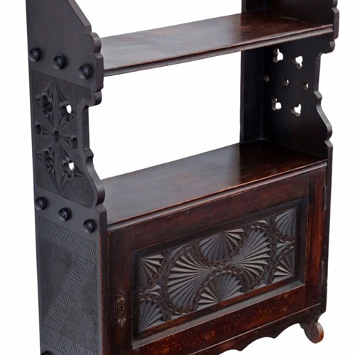 Antique 19Th Century Victorian Gothic Oak & Beech Wall Cupboard / Bookcase 