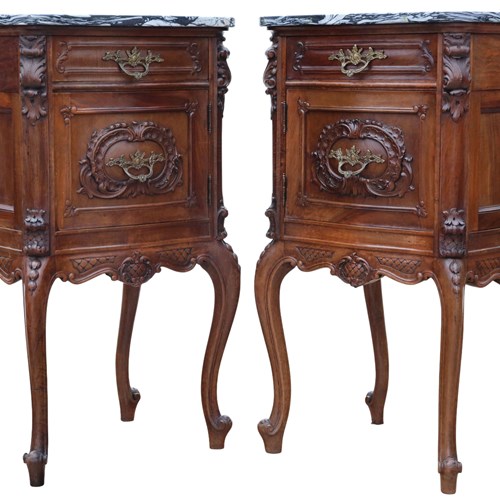 Antique C.1920 Italian Walnut & Marble Bedside Table Cupboards – Fine Quality