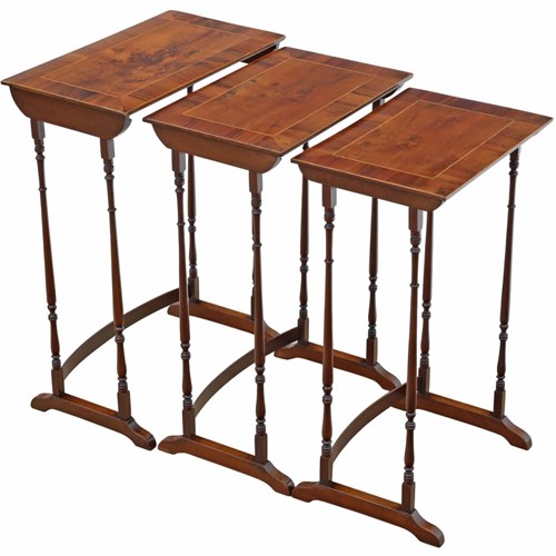 Antique 19Th Century Mahogany Nest Of 3 Tables – Yew Veneer Tops, Fine Quality