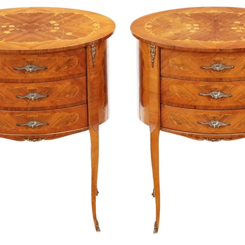 Vintage Retro French Pair Of Marquetry Parquetry Oval Bedside Tables Mid-20Th C