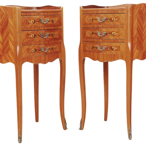 Vintage Retro French Pair Of Marquetry Bedside Tables 20Th Century Nightstands