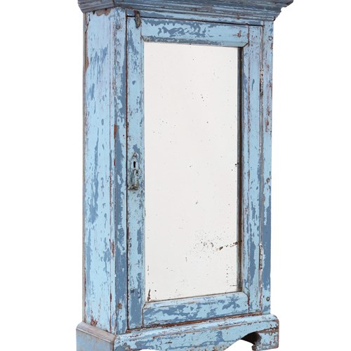 Antique C.1900 Distressed Blue Painted Cabinet Mirror – Early 20Th Century 