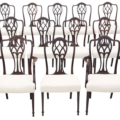 Antique Quality Set Of 12 (10 Plus 2 Carvers) C1900 Mahogany Dining Chairs