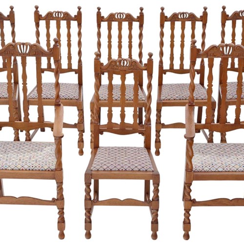 Antique Quality Set Of 8 (6 Plus 2) C1920 Twist Mahogany Dining Chairs Jacobean 