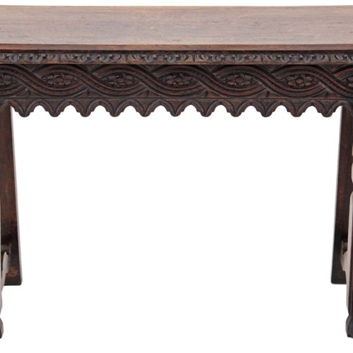 Antique 19Th Century Victorian Heavily Carved Oak Side Writing Desk Table 