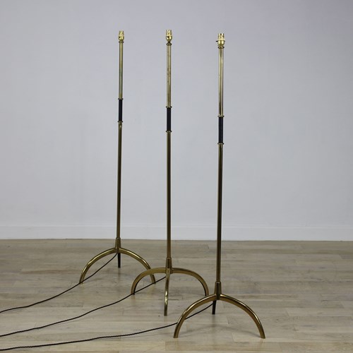 3 Mid-Century Brass Standing Lamps With Leather Mounts