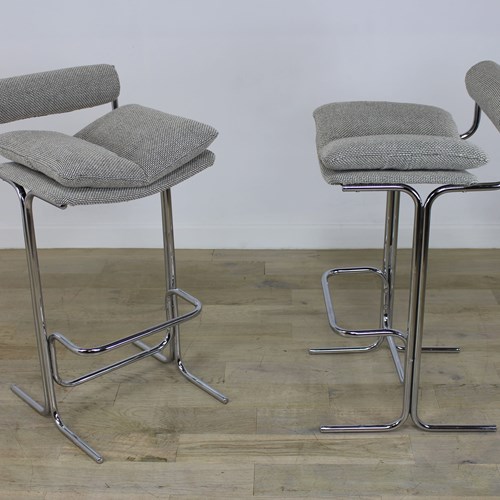 Pair Of Pieff Chrome Bar Stools Newly Upholstered