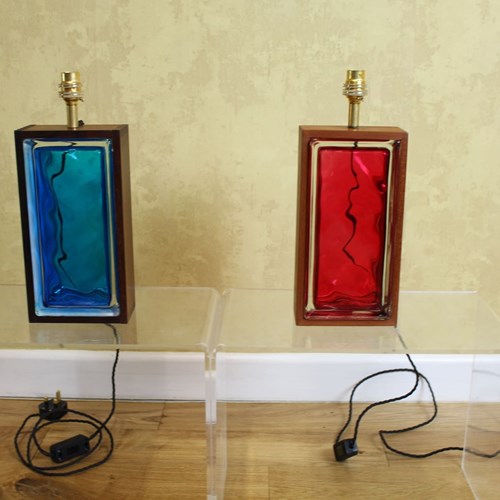 1960’S Swedish Red Glass Brick And Teak Table Lamp