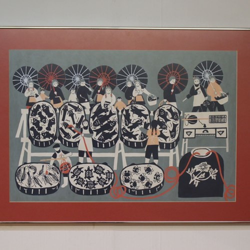 Chinese Gouache Fish Market Scene Framed In Hong Kong