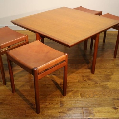 Set Of Four Danish Nesting Stools Under Square Teak Table