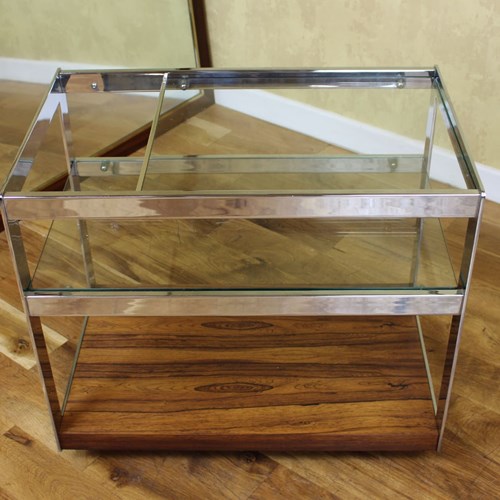 Merrow Associates Chrome , Rosewood And Glass Cocktail Trolley 1972