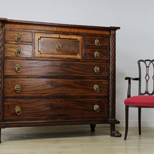 Imposing Large Regency Mahogany Secretaire Chest On Paw Feet