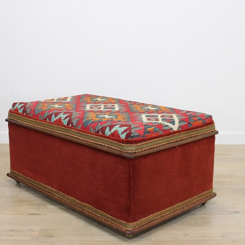Victorian Mahogany Storage Ottoman With Kilim Top