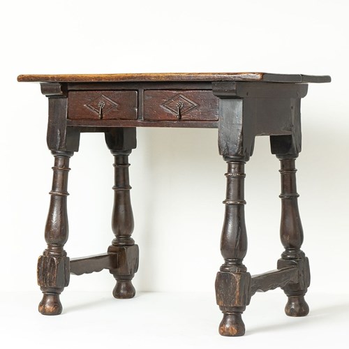 Chunky Spanish Baroque Oak Side Table With Baluster Legs, 17Th Century
