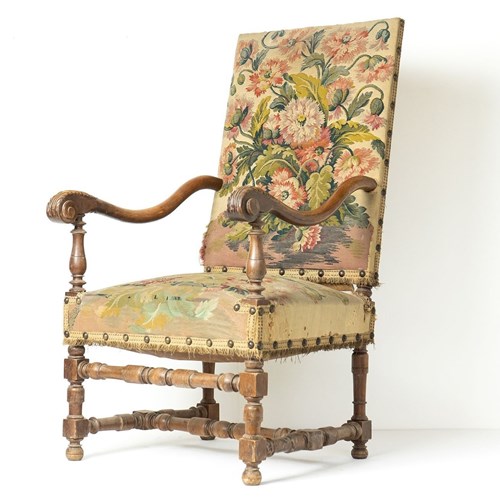 French Walnut Framed Armchair With Poppy Tapestry Upholstery, 19Th Century