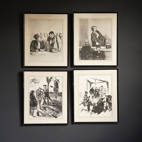 Set Of Four Vintage Drawings Depicting A Macabre Legal Battle, 20Th Century
