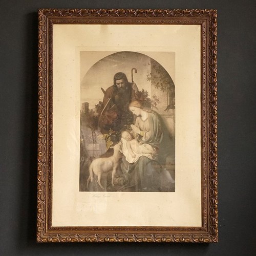 Antique Religious Print 'The Holy Family', Swedish Hand Coloured Etching, 1890