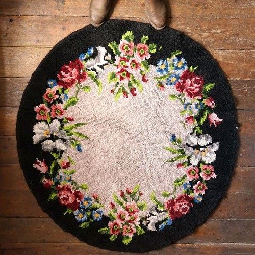 French Vintage Pure Wool Handmade Floral Latch Hook Rug, 1940S