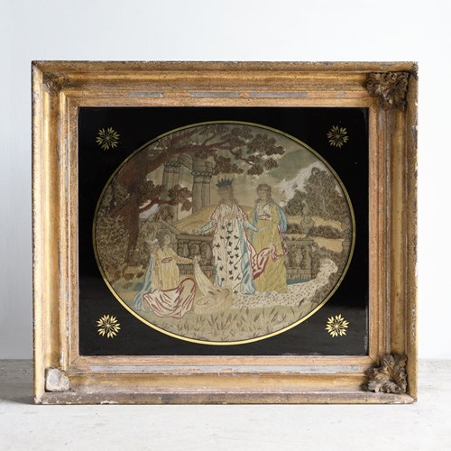 Antique Georgian Silkwork Embroidery, Moses In The Bullrushes, Verre Eglomise