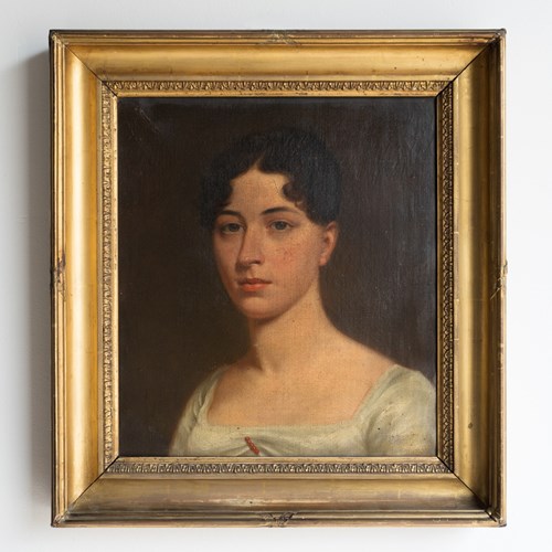 Antique Regency Portrait Of A Woman With A Coral Brooch, Original Oil Painting