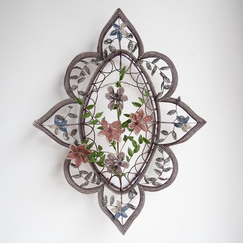 Antique French Glass Beadwork Immortelle Floral Wreath, 19Th Century