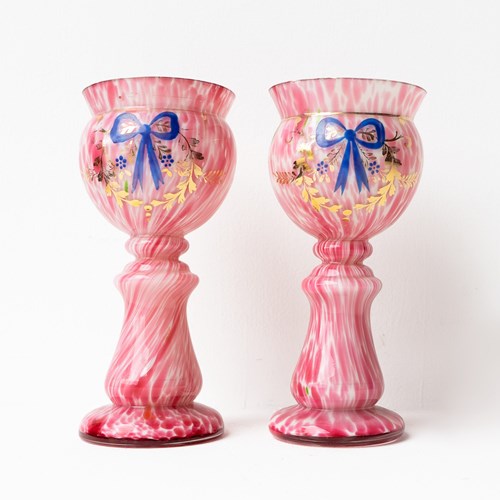 Pair Of Antique Bohemian Hand Blown Enamelled Pink Glass Vases, Czech, C. 1900