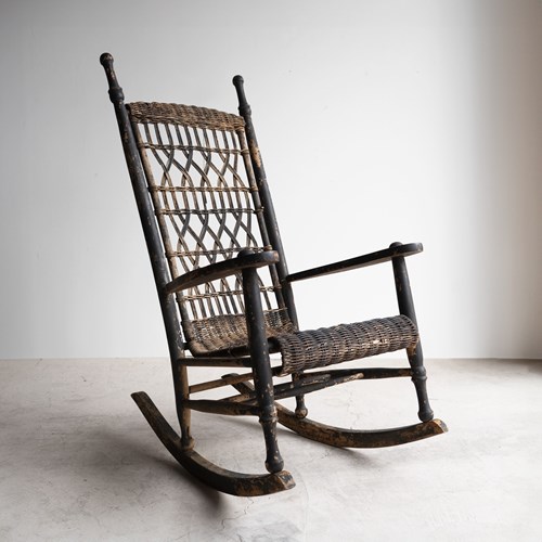 Antique American Blackened Wicker Rocking Chair, Early 20Th Century