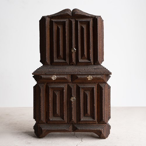 Antique Tramp Art Table Cabinet, Buffet Deux Corps, Late 19Th Century