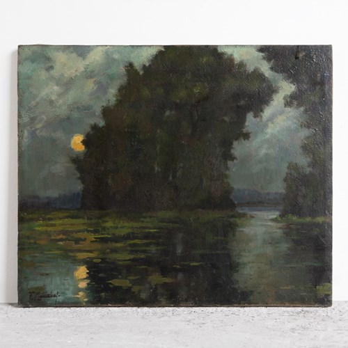  Romantic Moonlight River Landscape, Vintage Original Impressionist Oil Painting