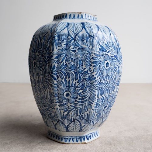 Antique Dutch Delft Vase With Blue And White Chinoiserie Floral Decoration 18C