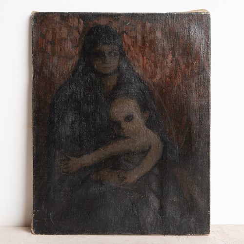 Spooky Surrealist Mother & Child Portrait, Vintage Original Oil Painting C.1960S