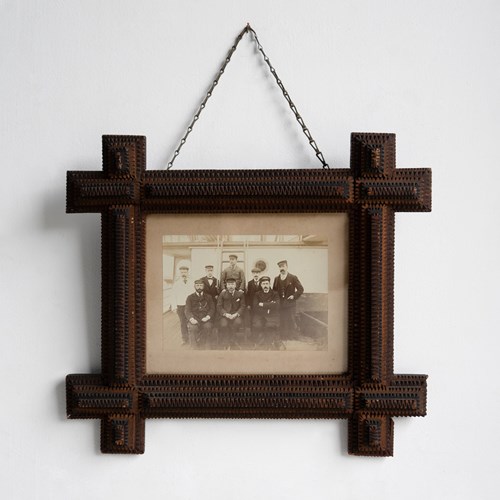 Antique Tramp Art Picture Frame With Original Sailor Photograph, C. 1890S