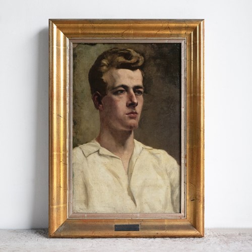 Captivating Portrait Of A Man In A White Shirt, Vintage Original Oil Painting
