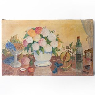 Vintage French store Still Life Flowers Pansies Study Oil Painting On Canvas Signed Murry circa 1950-60's / EVE