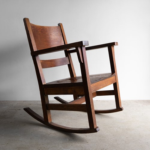 Antique Oak Arts And Crafts Rocking Chair, Manner Of Gustav Stickley, 20Th C